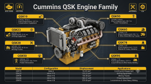 خانواده موتورهای Cummins QSK شامل QSK19، QSK23، QSK38، QSK50، QSK60، QSK78 و QSK95