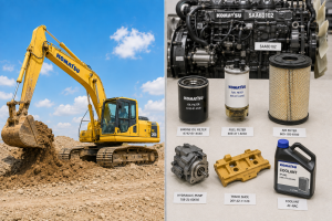 بیل مکانیکی کوماتسو PC200 در حال حفاری در کنار قطعات موتور SAA6D102 شامل فیلترها و اجزای هیدرولیک