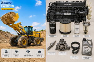 موتور ویچای WD10G در کنار قطعات پرمصرف شامل فیلتر روغن، فیلتر هوا، انژکتور و واتر پمپ — لودر SDLG با موتور WD10G در پس‌زمینه